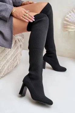 Damskie Boto Kozaki Ze Skarpetkową Cholewką Za Kolano Na Słupku Czarne Esanira
