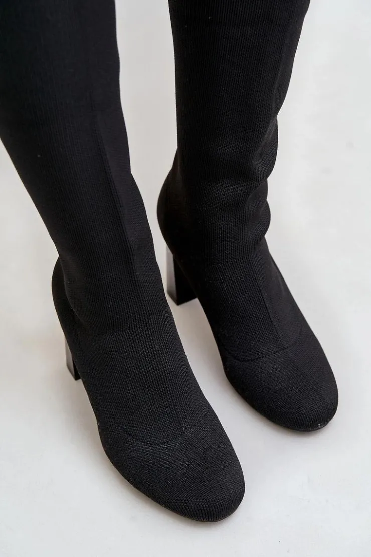 Damskie Boto Kozaki Ze Skarpetkową Cholewką Za Kolano Na Słupku Czarne Esanira