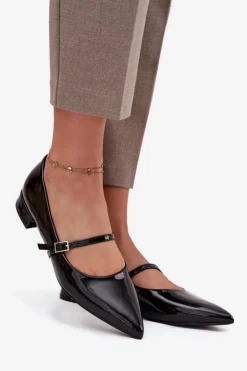Boto Czółenka Klasyczne*Lakierowane Baleriny Na Delikatnym Obcasie Z Paskiem Czarne Isvella Czarny