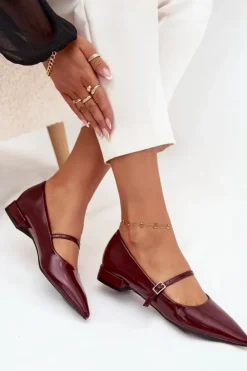 Damskie Boto Lakierowane Baleriny Na Delikatnym Obcasie Z Paskiem Bordowe Isvella