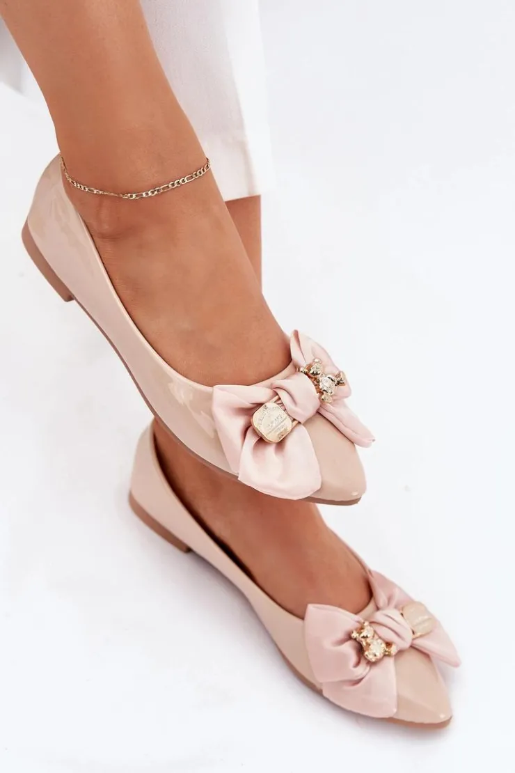 Clearance Boto Lakierowane Baleriny Z Kokardą I Złotą Broszką Beżowe Rivona