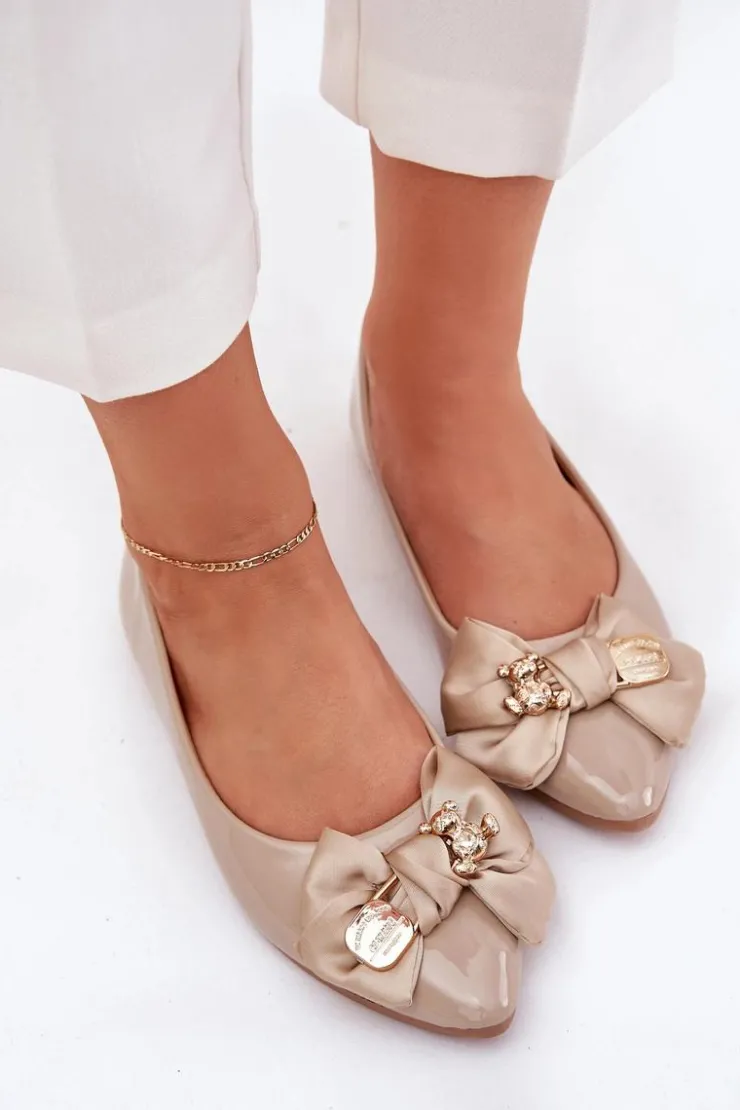 Boto Baleriny Skórzane|Baleriny Klasyczne*Lakierowane Baleriny Z Kokardą I Złotą Broszką Ciemnobeżowe Rivona