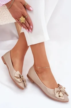 Boto Baleriny Skórzane|Baleriny Klasyczne*Lakierowane Baleriny Z Kokardą I Złotą Broszką Ciemnobeżowe Rivona