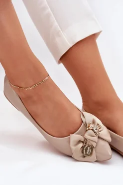 Boto Baleriny Skórzane|Baleriny Klasyczne*Lakierowane Baleriny Z Kokardą I Złotą Broszką Ciemnobeżowe Rivona