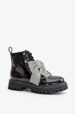 Damskie Boto Lakierowane Botki Damskie Z Kokardą Czarne Ocenttia