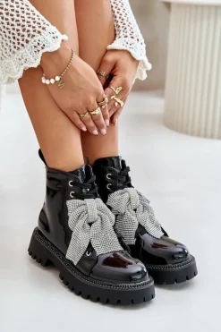 Damskie Boto Lakierowane Botki Damskie Z Kokardą Czarne Ocenttia