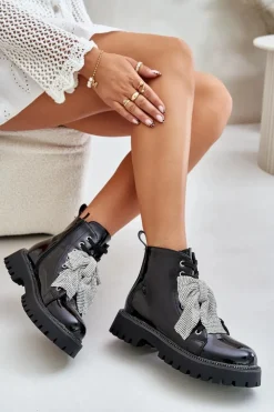 Damskie Boto Lakierowane Botki Damskie Z Kokardą Czarne Ocenttia