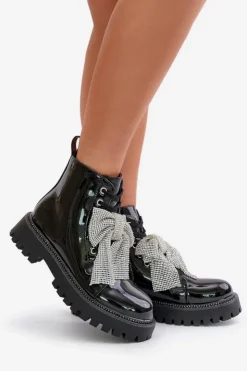 Damskie Boto Lakierowane Botki Damskie Z Kokardą Czarne Ocenttia