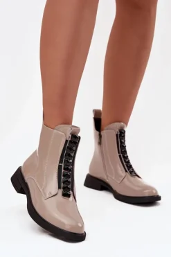 D&A Botki Skórzane|Botki Płaskie*Lakierowane Botki Damskie Z Naturalnej Skóry MR52-108 Beżowe Beżowy