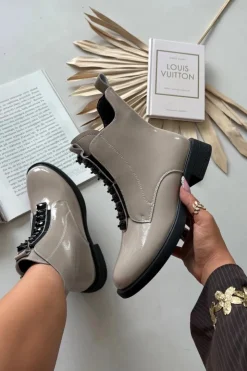 D&A Botki Skórzane|Botki Płaskie*Lakierowane Botki Damskie Z Naturalnej Skóry MR52-108 Beżowe Beżowy