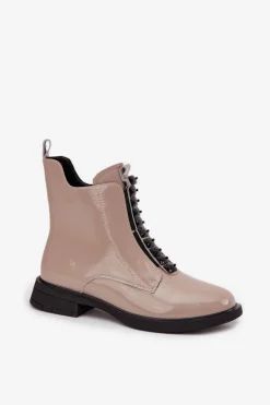 D&A Botki Skórzane|Botki Płaskie*Lakierowane Botki Damskie Z Naturalnej Skóry MR52-108 Beżowe Beżowy