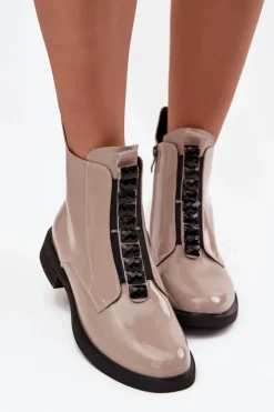 D&A Botki Skórzane|Botki Płaskie*Lakierowane Botki Damskie Z Naturalnej Skóry MR52-108 Beżowe Beżowy