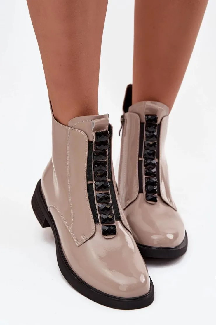 D&A Botki Skórzane|Botki Płaskie*Lakierowane Botki Damskie Z Naturalnej Skóry MR52-108 Beżowe Beżowy