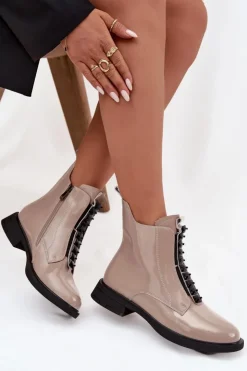 D&A Botki Skórzane|Botki Płaskie*Lakierowane Botki Damskie Z Naturalnej Skóry MR52-108 Beżowe Beżowy