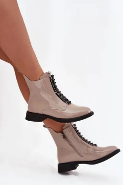 D&A Botki Skórzane|Botki Płaskie*Lakierowane Botki Damskie Z Naturalnej Skóry MR52-108 Beżowe Beżowy