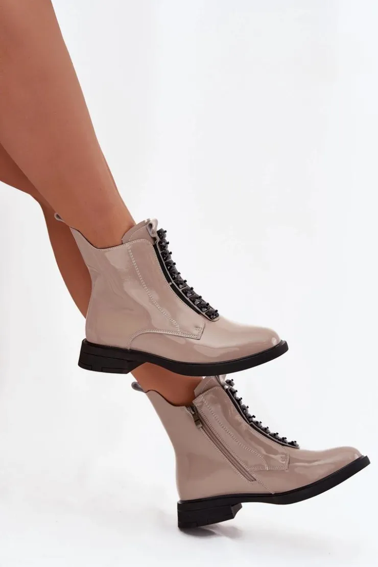 D&A Botki Skórzane|Botki Płaskie*Lakierowane Botki Damskie Z Naturalnej Skóry MR52-108 Beżowe Beżowy