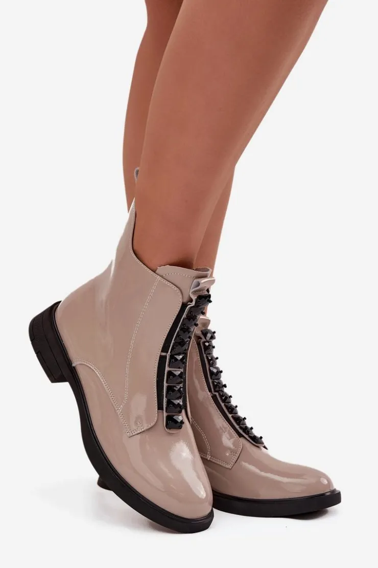 D&A Botki Skórzane|Botki Płaskie*Lakierowane Botki Damskie Z Naturalnej Skóry MR52-108 Beżowe Beżowy