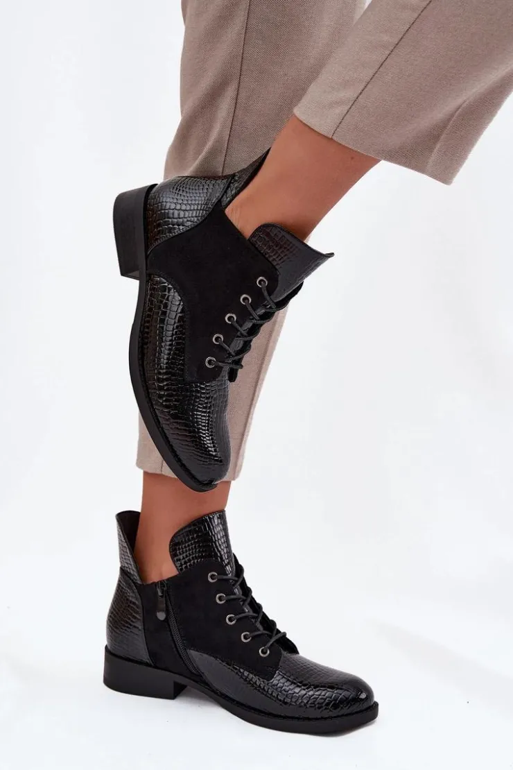 Buty damskie Vinceza Botki Ocieplane|Botki Sznurowane*Lakierowane Botki Damskie Z Ozdobnym Tłoczeniem Ocieplane Vinceza 16477 Czarne