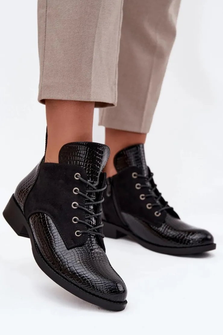 Buty damskie Vinceza Botki Ocieplane|Botki Sznurowane*Lakierowane Botki Damskie Z Ozdobnym Tłoczeniem Ocieplane Vinceza 16477 Czarne