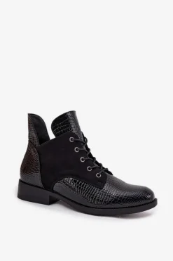 Buty damskie Vinceza Botki Ocieplane|Botki Sznurowane*Lakierowane Botki Damskie Z Ozdobnym Tłoczeniem Ocieplane Vinceza 16477 Czarne