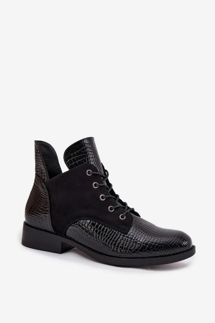 Buty damskie Vinceza Botki Ocieplane|Botki Sznurowane*Lakierowane Botki Damskie Z Ozdobnym Tłoczeniem Ocieplane Vinceza 16477 Czarne