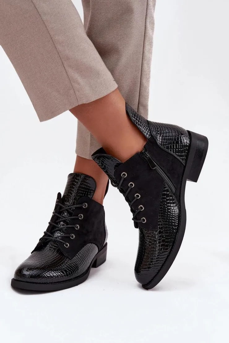 Buty damskie Vinceza Botki Ocieplane|Botki Sznurowane*Lakierowane Botki Damskie Z Ozdobnym Tłoczeniem Ocieplane Vinceza 16477 Czarne
