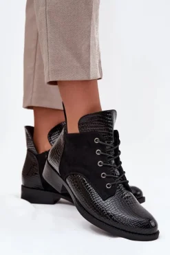 Buty damskie Vinceza Botki Ocieplane|Botki Sznurowane*Lakierowane Botki Damskie Z Ozdobnym Tłoczeniem Ocieplane Vinceza 16477 Czarne