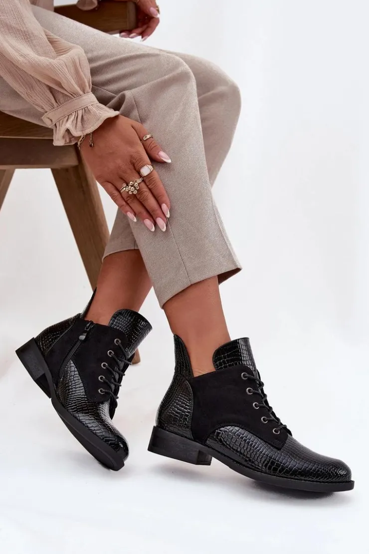 Buty damskie Vinceza Botki Ocieplane|Botki Sznurowane*Lakierowane Botki Damskie Z Ozdobnym Tłoczeniem Ocieplane Vinceza 16477 Czarne