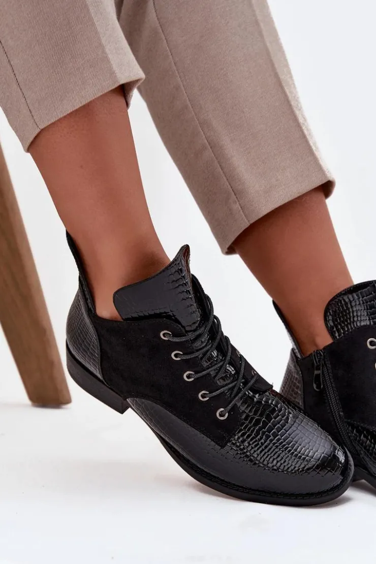 Buty damskie Vinceza Botki Ocieplane|Botki Sznurowane*Lakierowane Botki Damskie Z Ozdobnym Tłoczeniem Ocieplane Vinceza 16477 Czarne