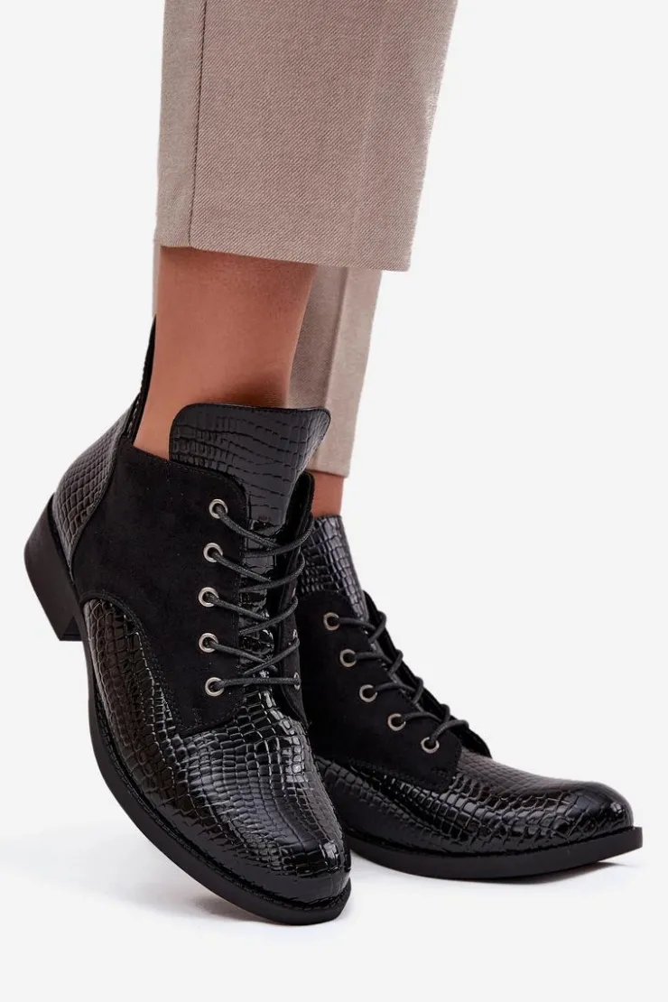 Buty damskie Vinceza Botki Ocieplane|Botki Sznurowane*Lakierowane Botki Damskie Z Ozdobnym Tłoczeniem Ocieplane Vinceza 16477 Czarne