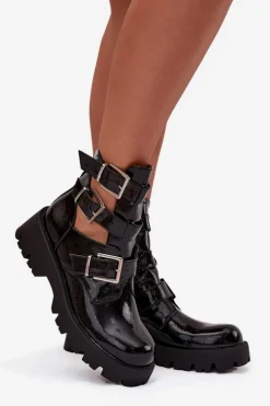 New Boto Lakierowane Botki Damskie Z Paskami I Srebrnymi Klamrami Czarne Helisse Czarny