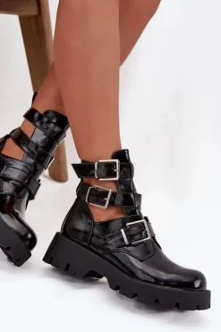 New Boto Lakierowane Botki Damskie Z Paskami I Srebrnymi Klamrami Czarne Helisse Czarny