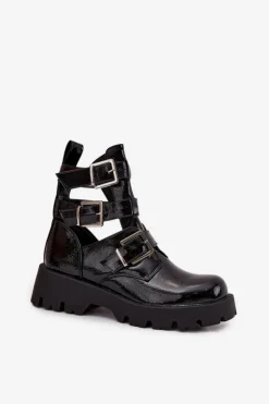 New Boto Lakierowane Botki Damskie Z Paskami I Srebrnymi Klamrami Czarne Helisse Czarny