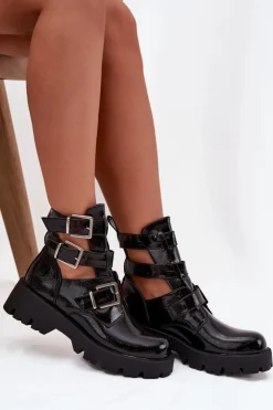 New Boto Lakierowane Botki Damskie Z Paskami I Srebrnymi Klamrami Czarne Helisse Czarny