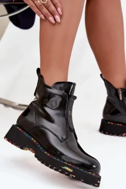 Artiker Botki Ocieplane|Botki Skórzane*Lakierowane Botki Damskie Z Naturalnej Skóry Ocieplane 57C0166 Czarne Czarny