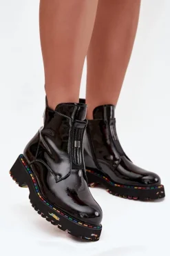 Artiker Botki Ocieplane|Botki Skórzane*Lakierowane Botki Damskie Z Naturalnej Skóry Ocieplane 57C0166 Czarne Czarny