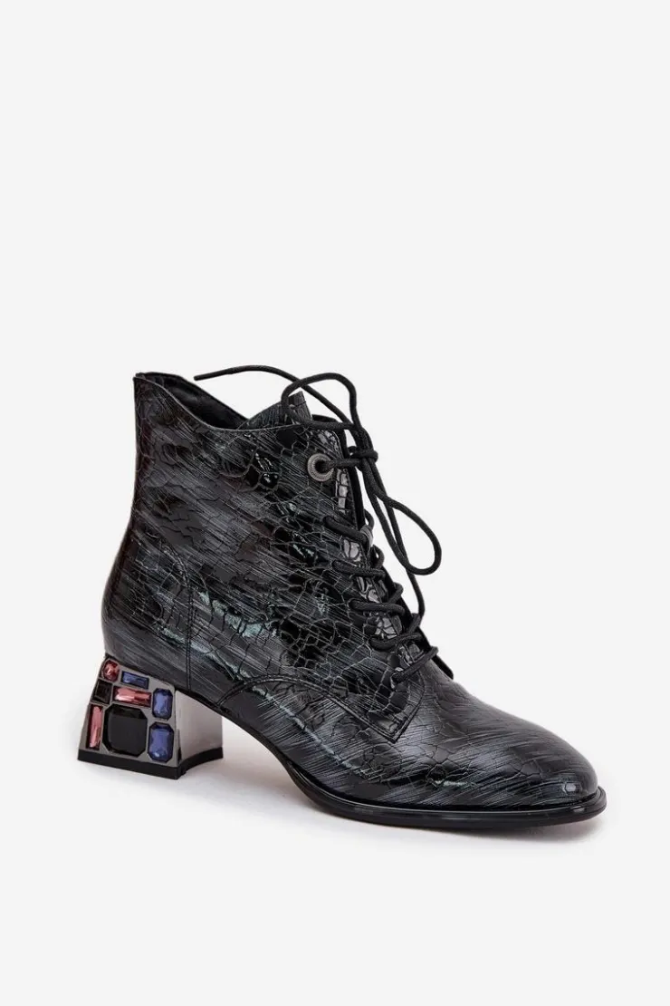 Outlet Artiker Lakierowane Botki Damskie Z Naturalnej Skóry Na Obcasie Z Kryształkami 57C0132 Szare Szary