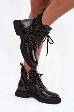 Damskie buty S.Barski Botki Ocieplane|Damskie Trapery*Lakierowane Botki Damskie Ocieplane D&A CR52-613 Czarne