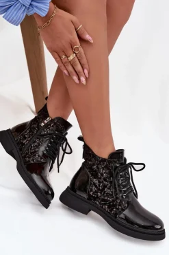 Damskie buty S.Barski Botki Ocieplane|Damskie Trapery*Lakierowane Botki Damskie Ocieplane D&A CR52-613 Czarne