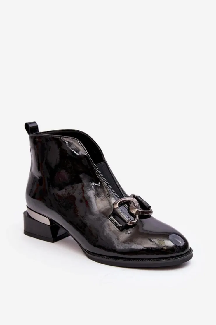 Buty damskie Vinceza Czarne Botki|Botki Na Obcasie*Lakierowane Botki Damskie Na Niskim Obcasie Ocieplane Czarne Loos