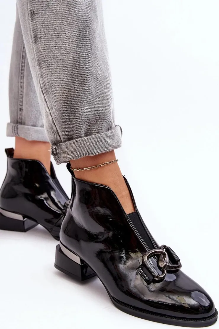 Buty damskie Vinceza Czarne Botki|Botki Na Obcasie*Lakierowane Botki Damskie Na Niskim Obcasie Ocieplane Czarne Loos