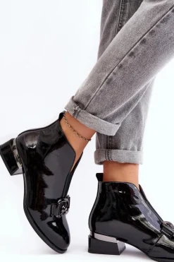 Buty damskie Vinceza Czarne Botki|Botki Na Obcasie*Lakierowane Botki Damskie Na Niskim Obcasie Ocieplane Czarne Loos