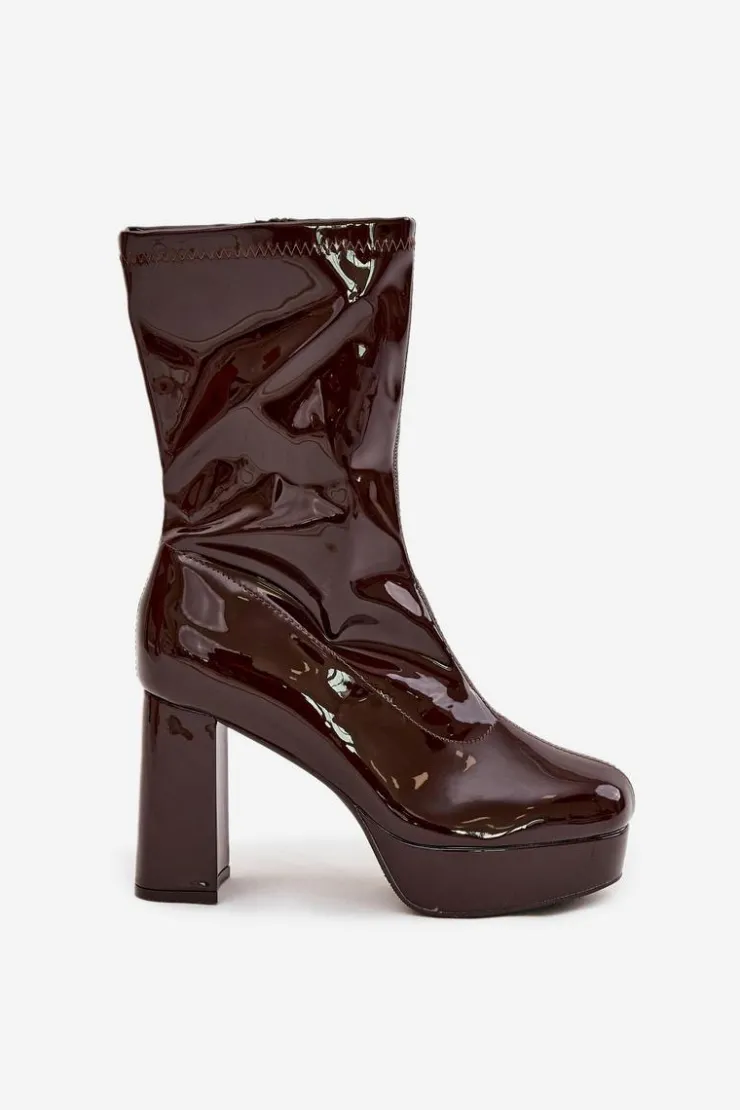 Online Boto Lakierowane Botki Damskie Na Platformie I Słupkowym Obcasie Czekoladowe Calvessa Brązowy