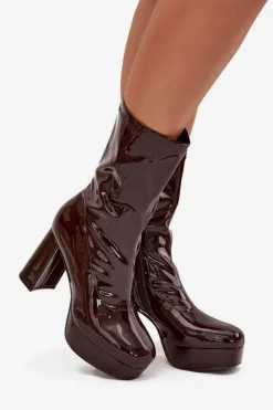 Online Boto Lakierowane Botki Damskie Na Platformie I Słupkowym Obcasie Czekoladowe Calvessa Brązowy
