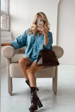 Online Boto Lakierowane Botki Damskie Na Platformie I Słupkowym Obcasie Czekoladowe Calvessa Brązowy