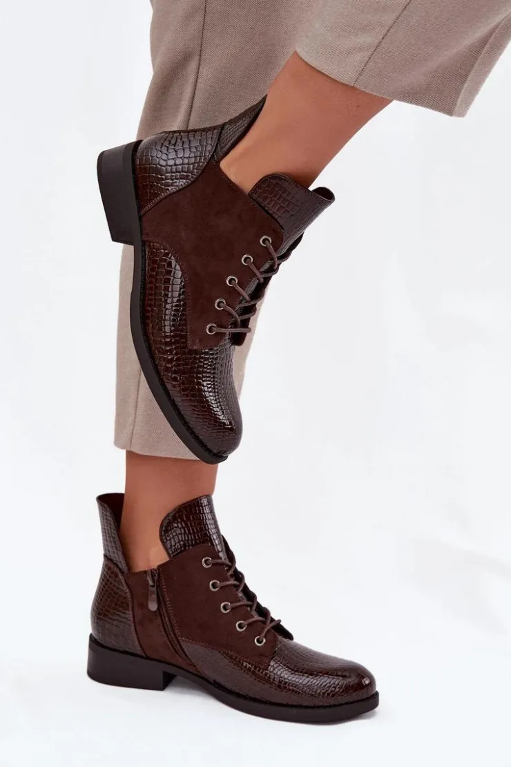 Sale Buty damskie Vinceza Lakierowane Botki Damskie Z Ozdobnym Tłoczeniem Ocieplane Vinceza 16477 Brązowe