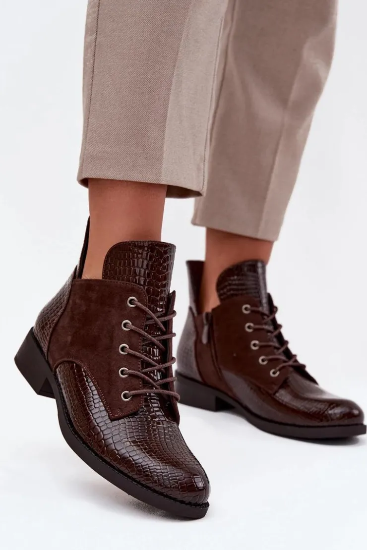 Sale Buty damskie Vinceza Lakierowane Botki Damskie Z Ozdobnym Tłoczeniem Ocieplane Vinceza 16477 Brązowe