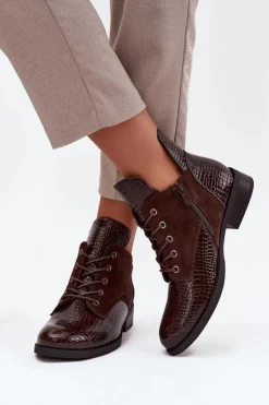 Sale Buty damskie Vinceza Lakierowane Botki Damskie Z Ozdobnym Tłoczeniem Ocieplane Vinceza 16477 Brązowe