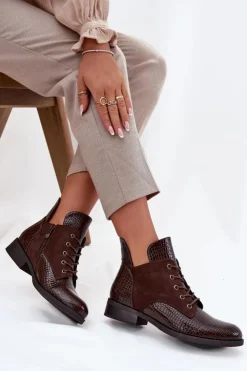 Sale Buty damskie Vinceza Lakierowane Botki Damskie Z Ozdobnym Tłoczeniem Ocieplane Vinceza 16477 Brązowe