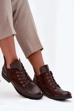 Sale Buty damskie Vinceza Lakierowane Botki Damskie Z Ozdobnym Tłoczeniem Ocieplane Vinceza 16477 Brązowe